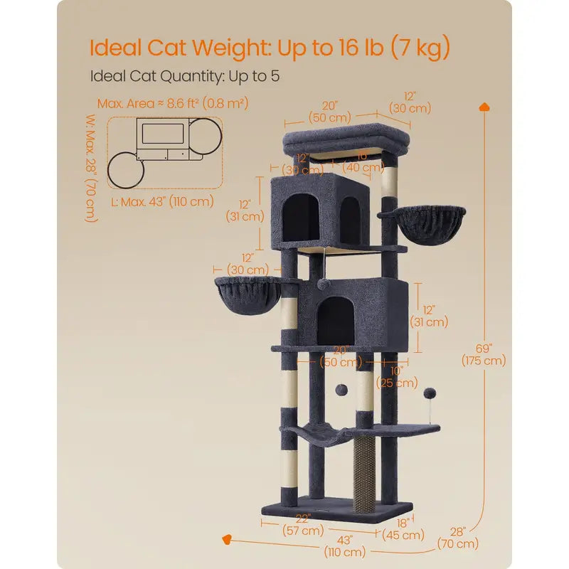 Large Cat Tree, 175 cm Tall Cat Tower, Multi-Level Cat Condo